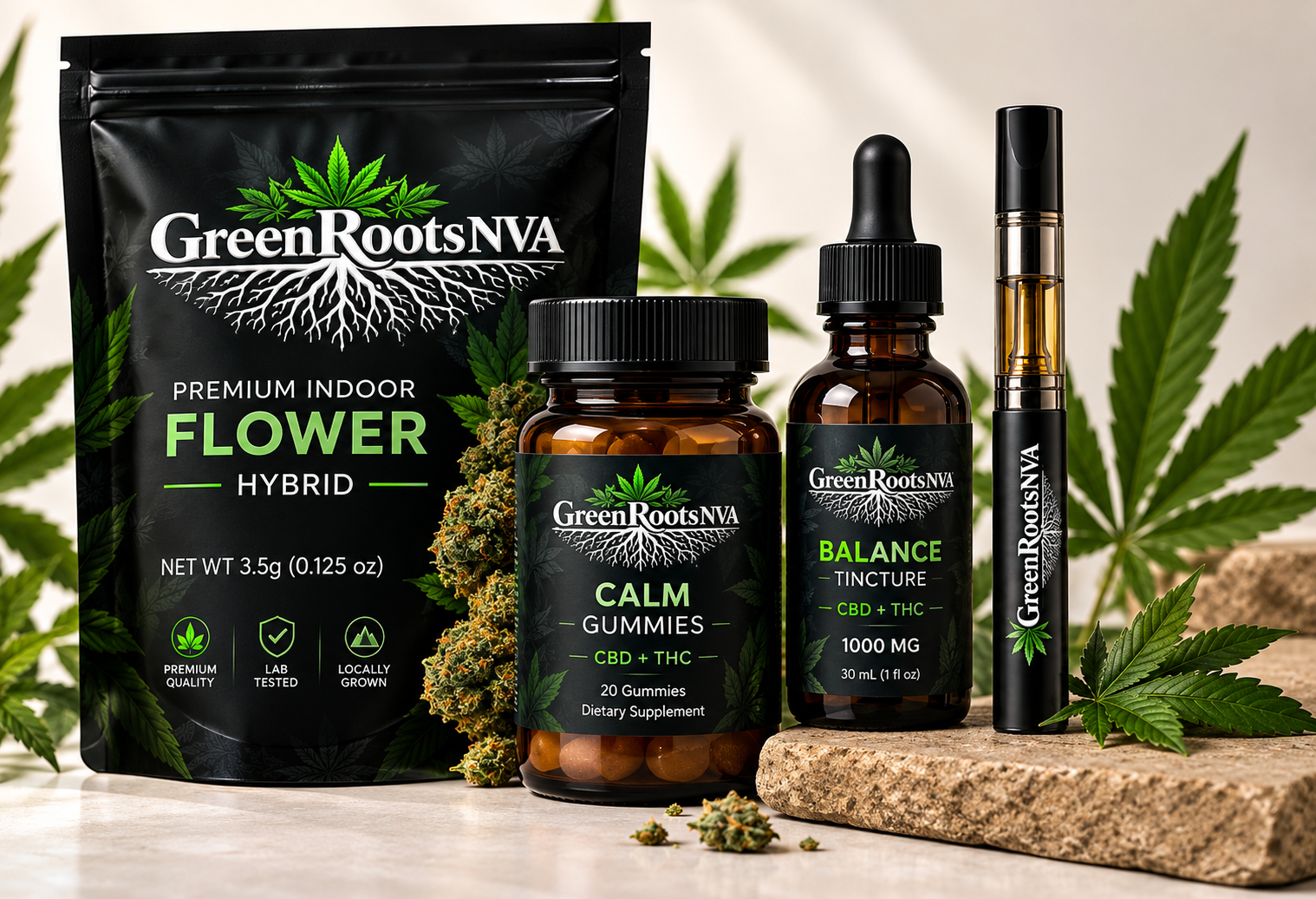 GreenRoots NVA premium cannabis lineup including flower, gummies, tincture and vape